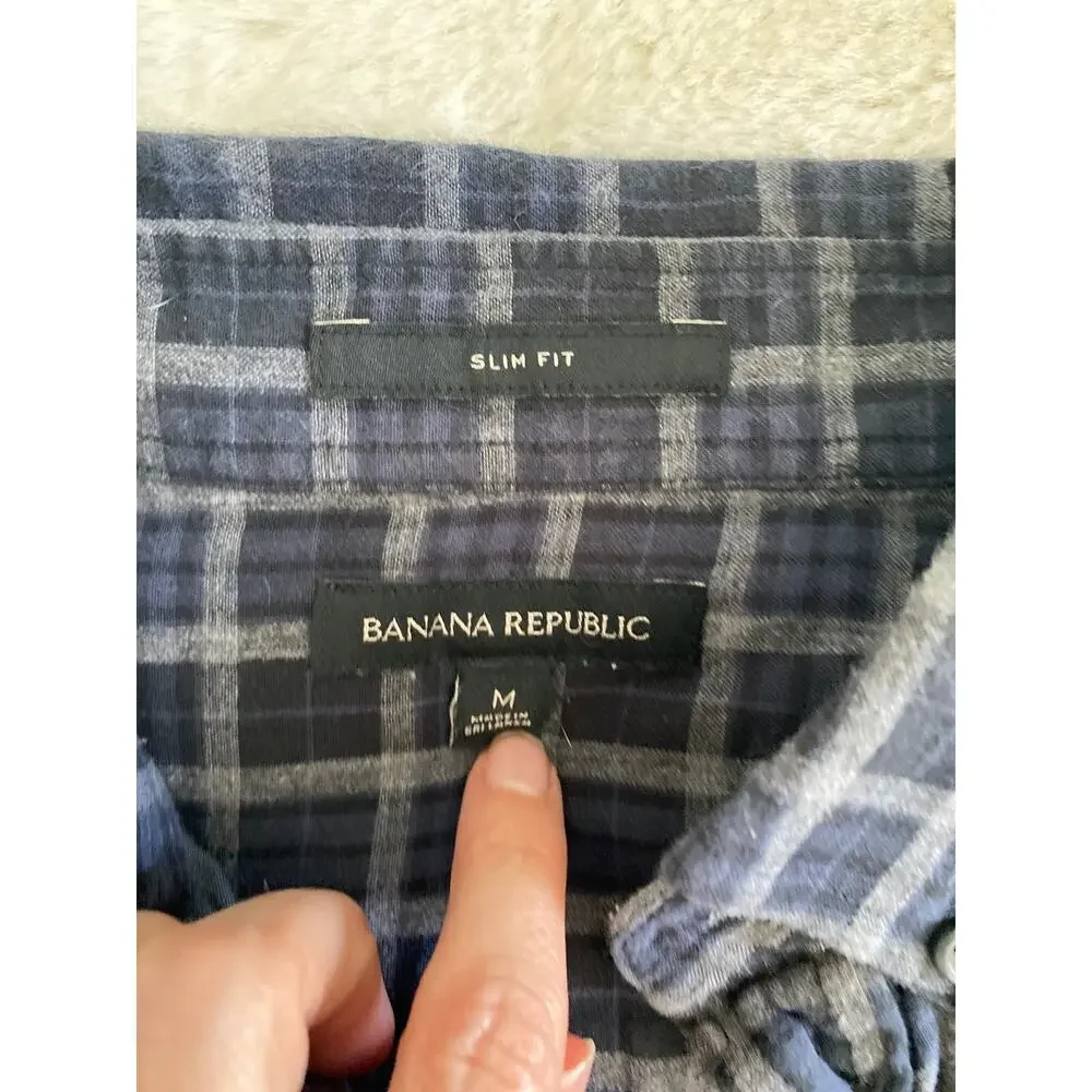 Banana‎ Republic Blue Gray Black Plaid Button Up Men’s Slim Fit Shirt Size M